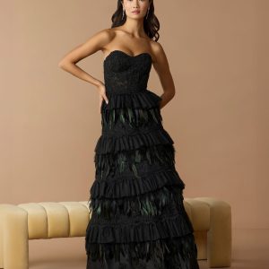 Black Strapless Sweetheart Lace Tiered Feather Ball Gown