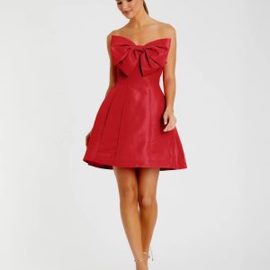 Red Strapless Oversized Bow Fit & Flare Mini Dress