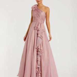 Pink Iridescent One Shoulder Rosette Ball Gown