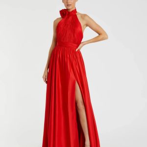 Red Halter Neck Open Back Satin Gown With Slit