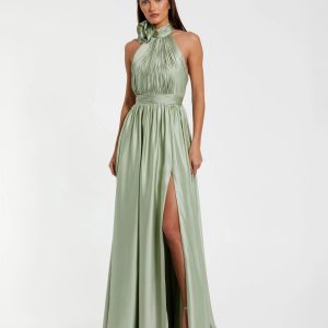 Green Halter Neck Open Back Satin Gown With Slit