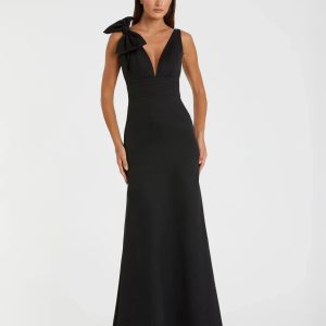 Black Sleeveless V Neck Bow Detail Mermaid Gown