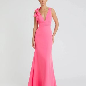 Pink Sleeveless V Neck Bow Detail Mermaid Gown