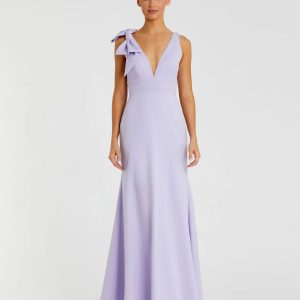 Purple Sleeveless V Neck Bow Detail Mermaid Gown