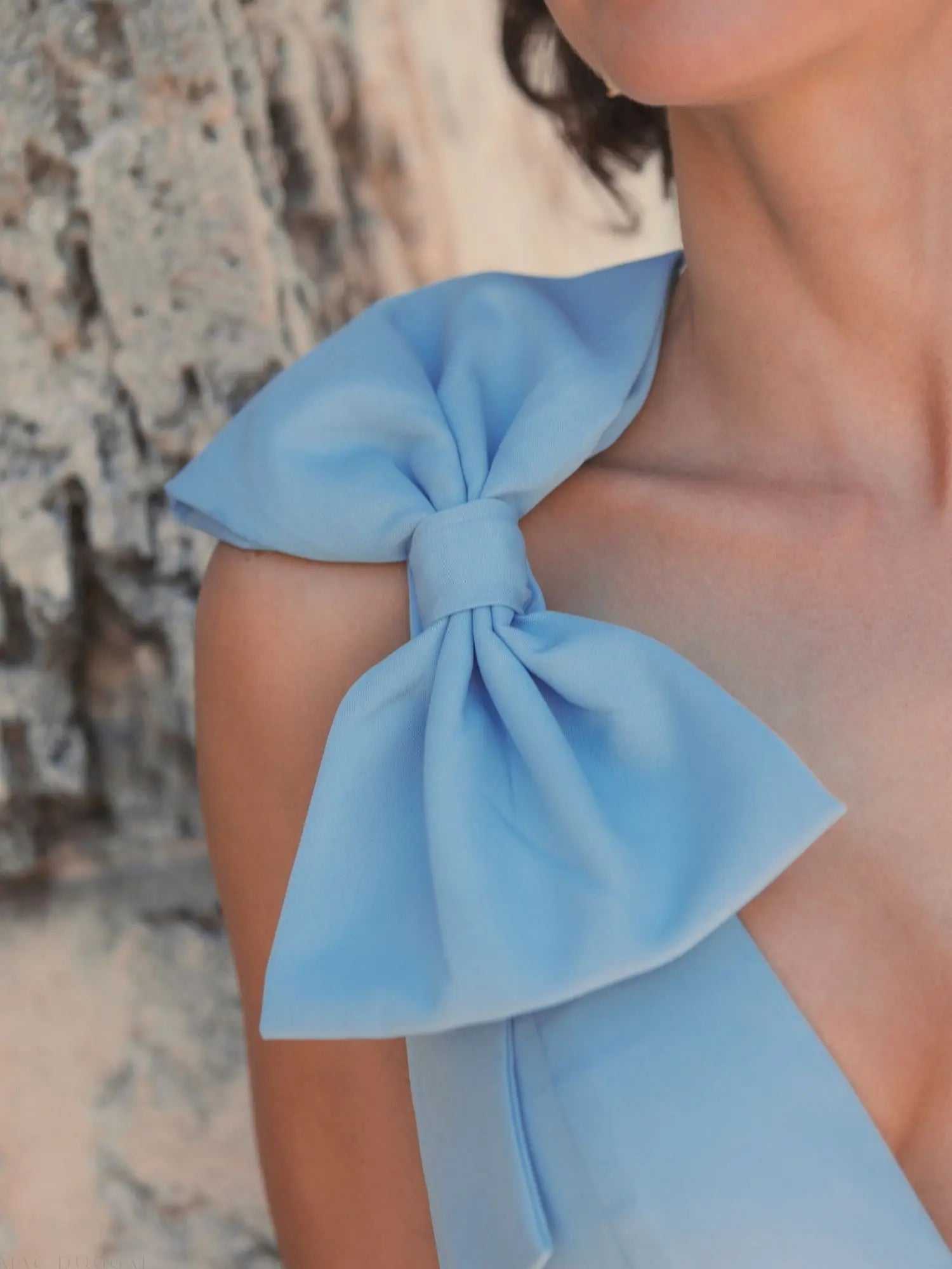 Blue Sleeveless V Neck Bow Detail Mermaid Gown - Image 5