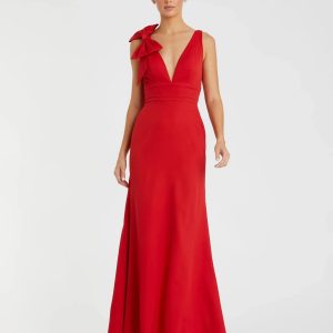 Red Sleeveless V Neck Bow Detail Mermaid Gown