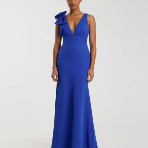 Dark Blue Sleeveless V Neck Bow Detail Mermaid Gown