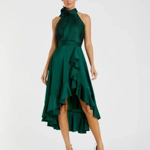 Green Halter Neck Flower Detail Ruffled Midi Dress