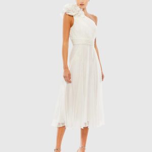 White Rosette One Shoulder Tea Length Dress