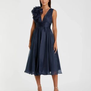Navy Sleeveless Chiffon A-Line Tea Length Cocktail Dress