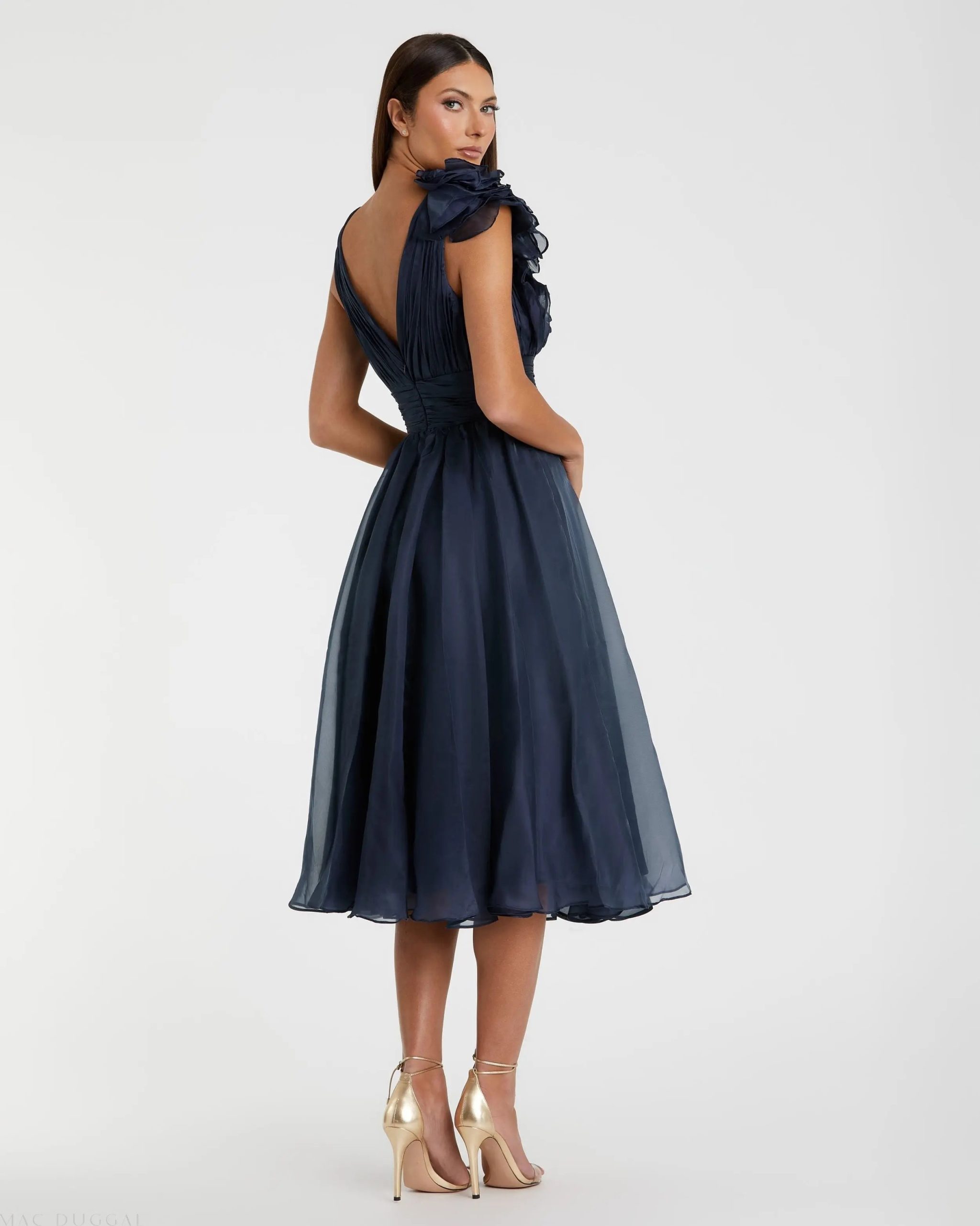 Navy Sleeveless Chiffon A-Line Tea Length Cocktail Dress - Image 3