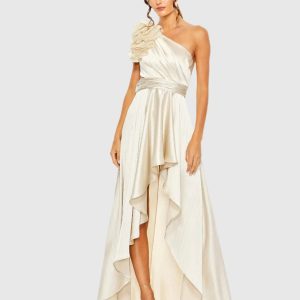Beige Ruffled One Shoulder Cut Out Hi-Low Gown