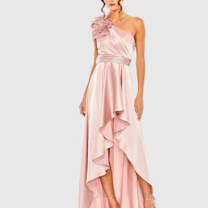 Pink Ruffled One Shoulder Cut Out Hi-Low Gown