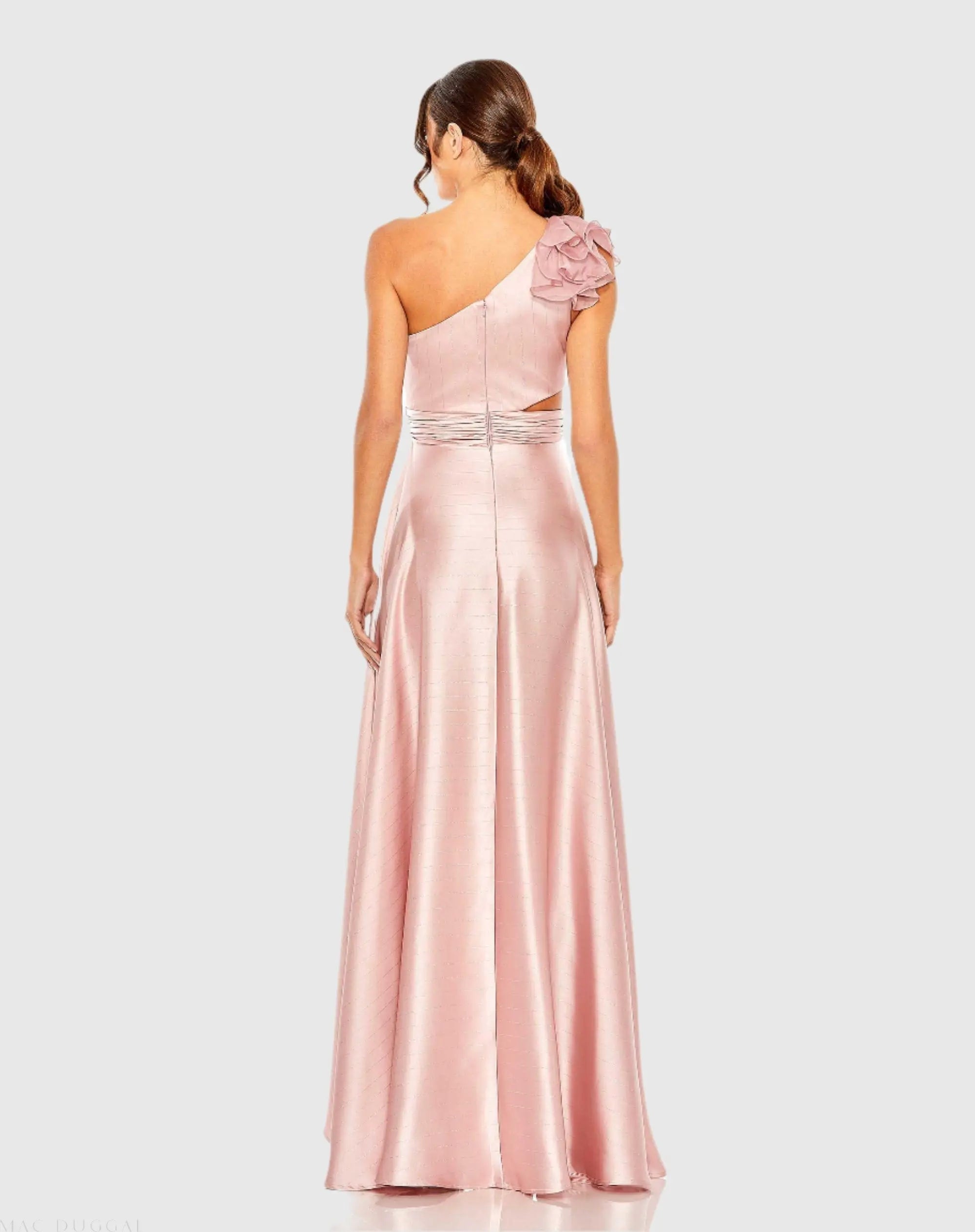 Pink Ruffled One Shoulder Cut Out Hi-Low Gown - Image 3