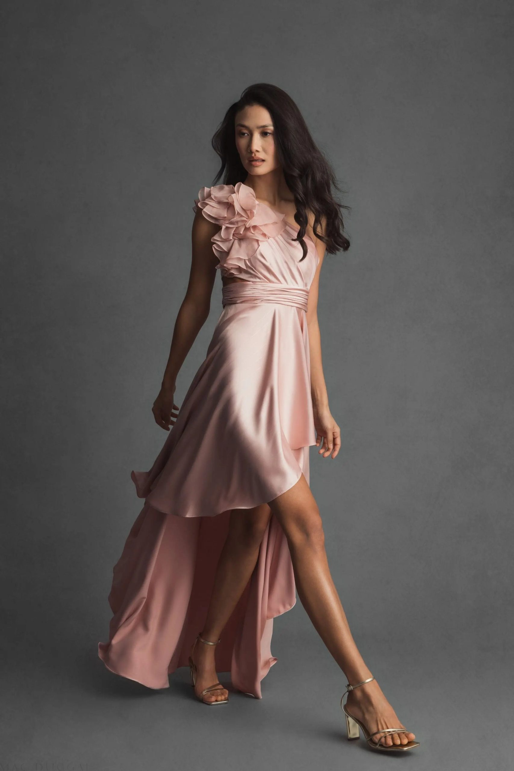 Pink Ruffled One Shoulder Cut Out Hi-Low Gown - Image 6