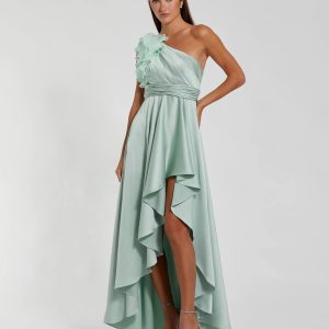 Green Ruffled One Shoulder Cut Out Hi-Low Gown
