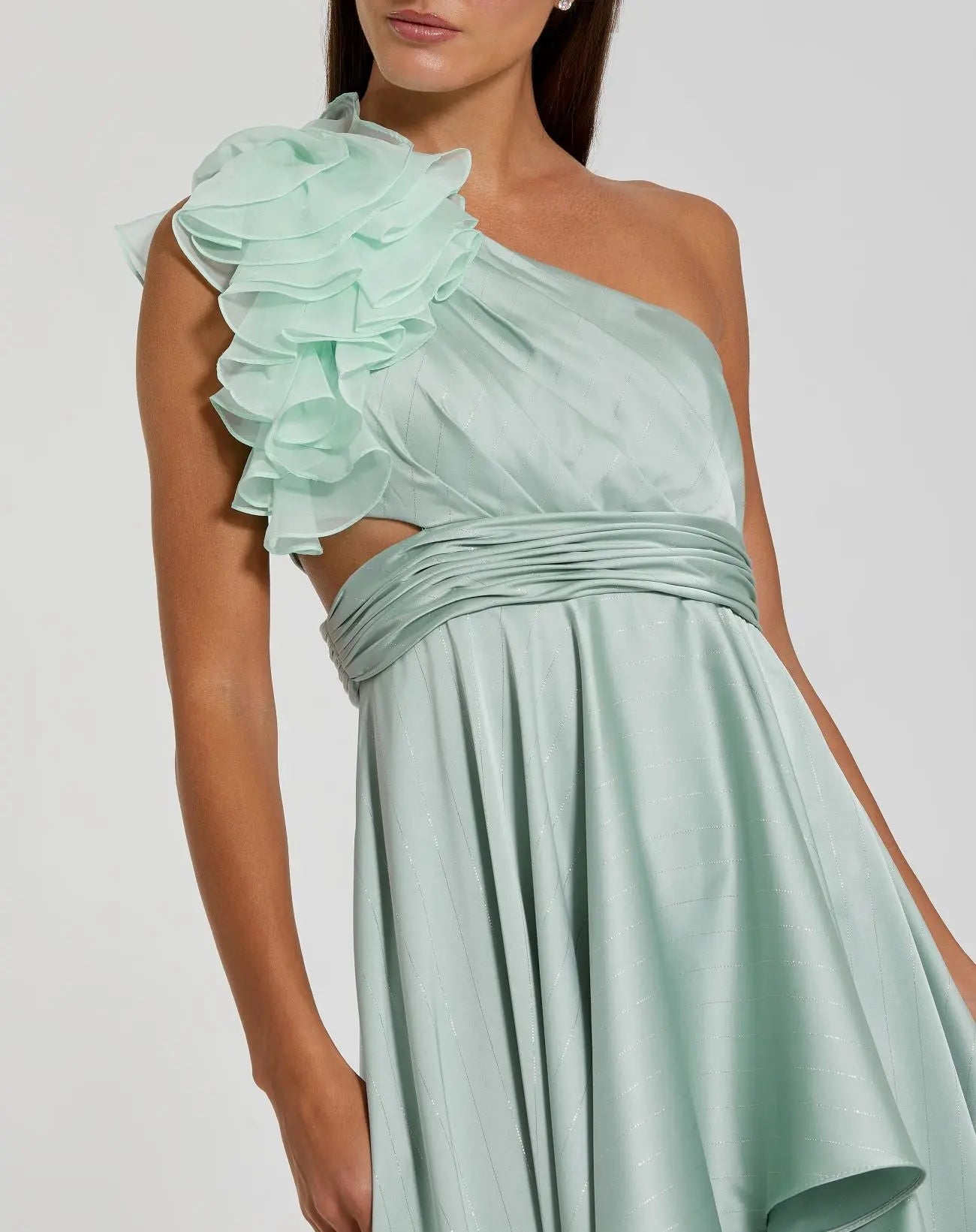 Green Ruffled One Shoulder Cut Out Hi-Low Gown - Image 2