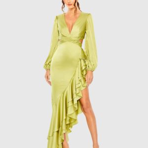 Green Cut Out Asymmetrical Ruffled Gown