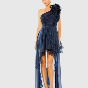 Navy One Shoulder Ruffle High Low Gown