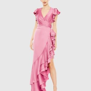 Pink Flutter Sleeve Cut Out Asymmetrical Ruffled Gown - FINAL SALE
