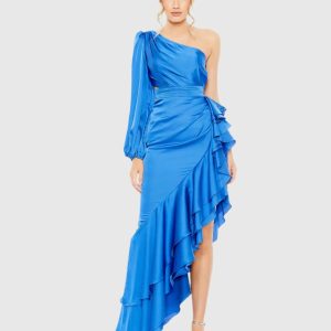 Blue One Sleeve Cut Out Asymmetrical Ruffled Gown - FINAL SALE