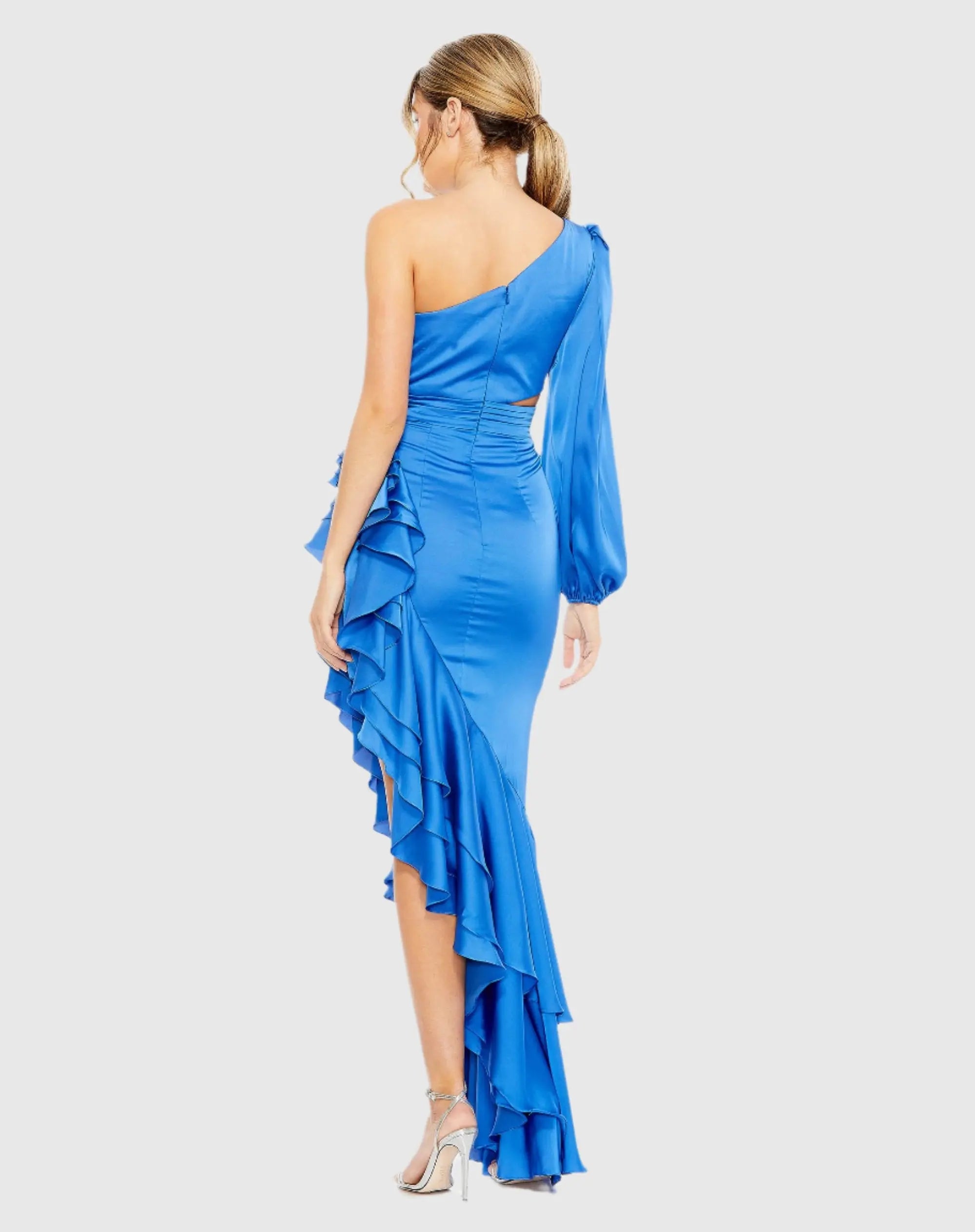 Blue One Sleeve Cut Out Asymmetrical Ruffled Gown - FINAL SALE - Image 3