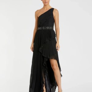 Black Pleated One Shoulder Asymmetrical Ruffle Hem Gown - FINAL SALE