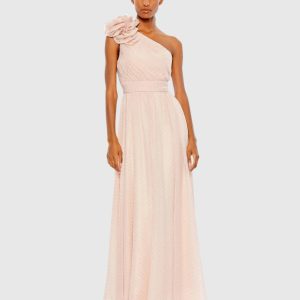 Pink One Shoulder Polka Dot Chiffon Gown With Ruffle Detail