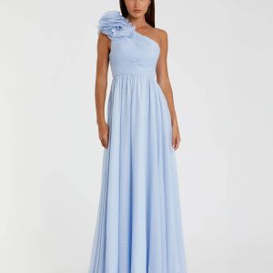Blue One Shoulder Polka Dot Chiffon Gown With Ruffle Detail