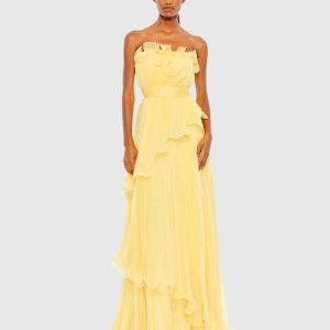 Yellow Pleated Tiered Ruffled Strapless Gown