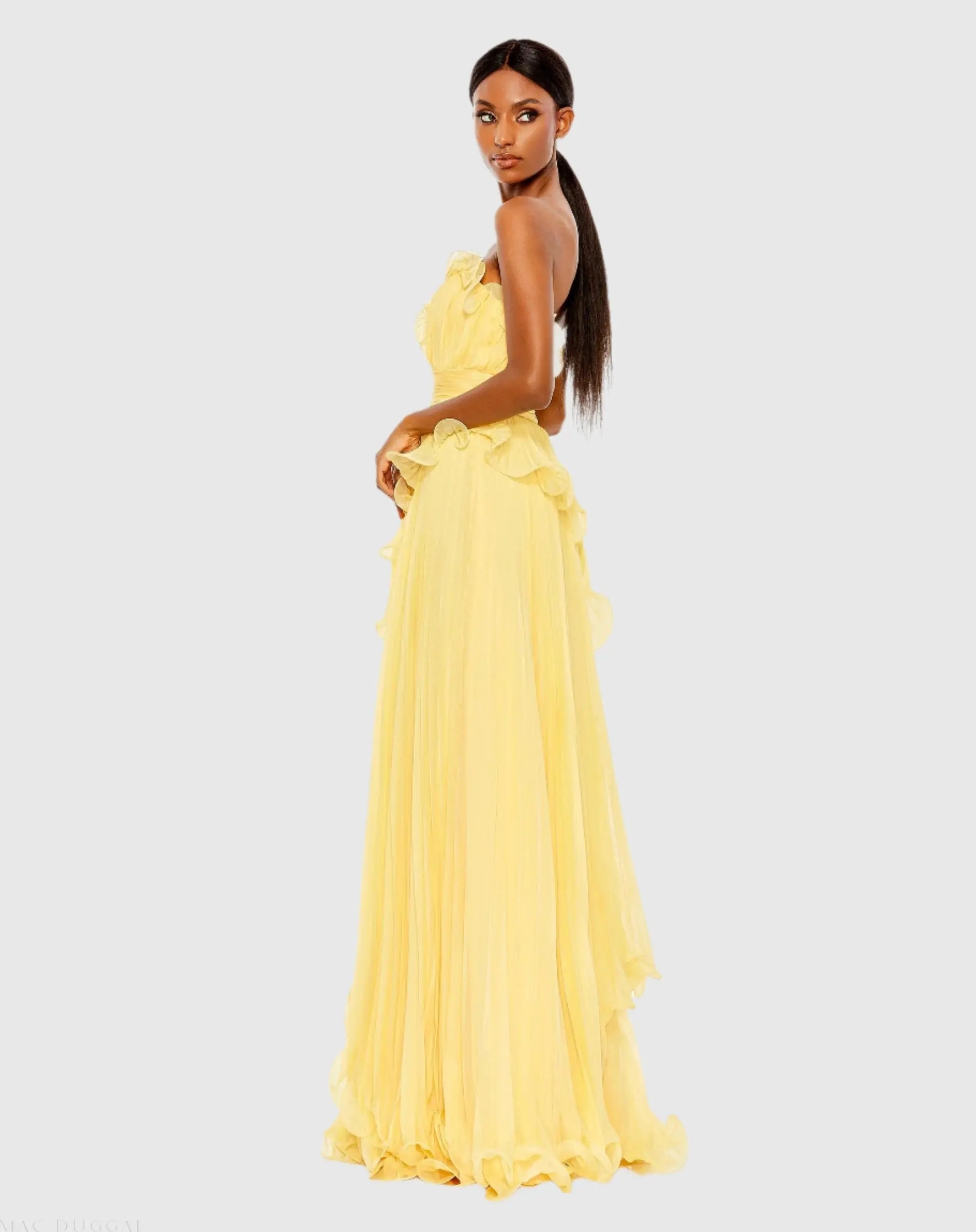 Yellow Pleated Tiered Ruffled Strapless Gown - Image 3