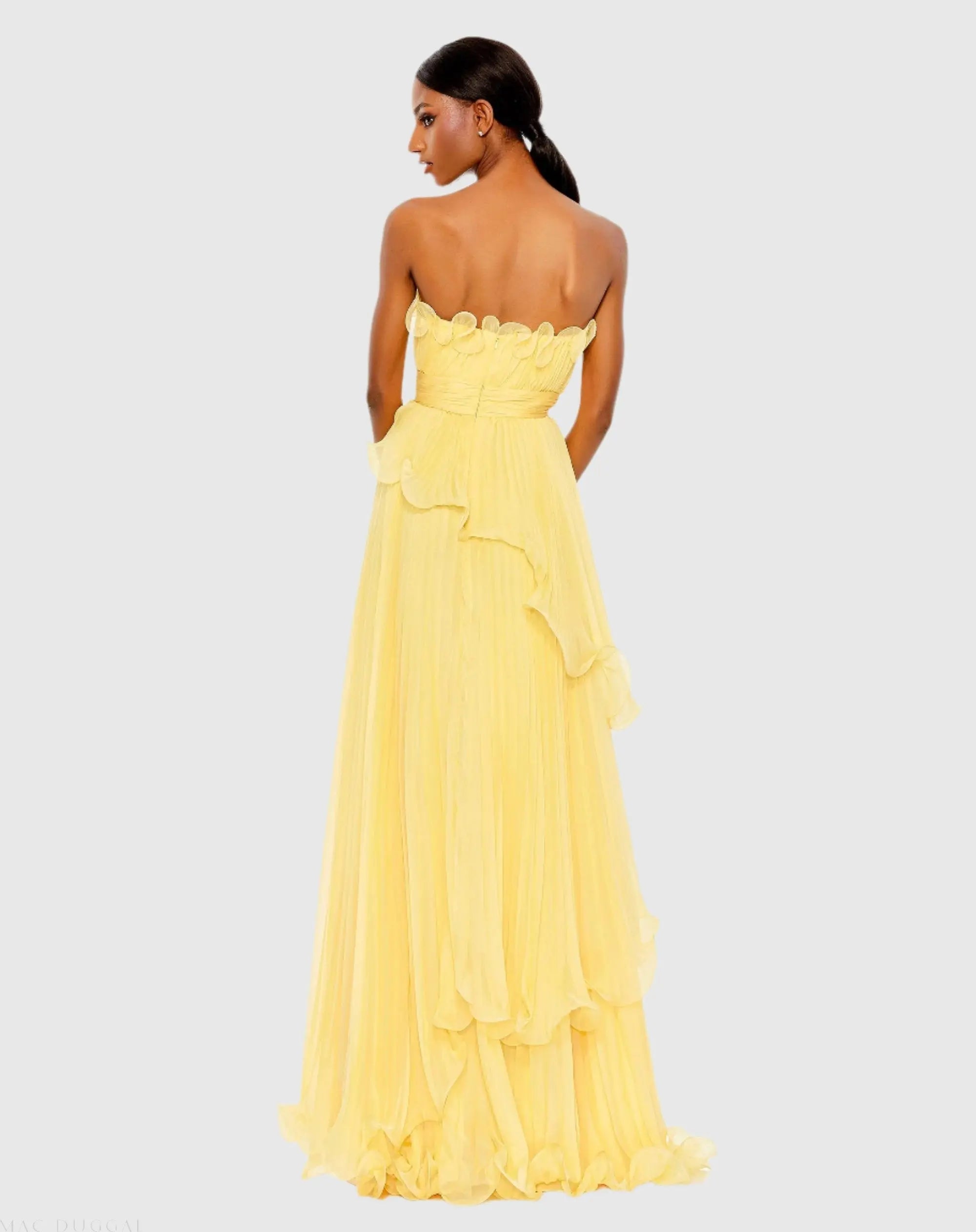 Yellow Pleated Tiered Ruffled Strapless Gown - Image 4