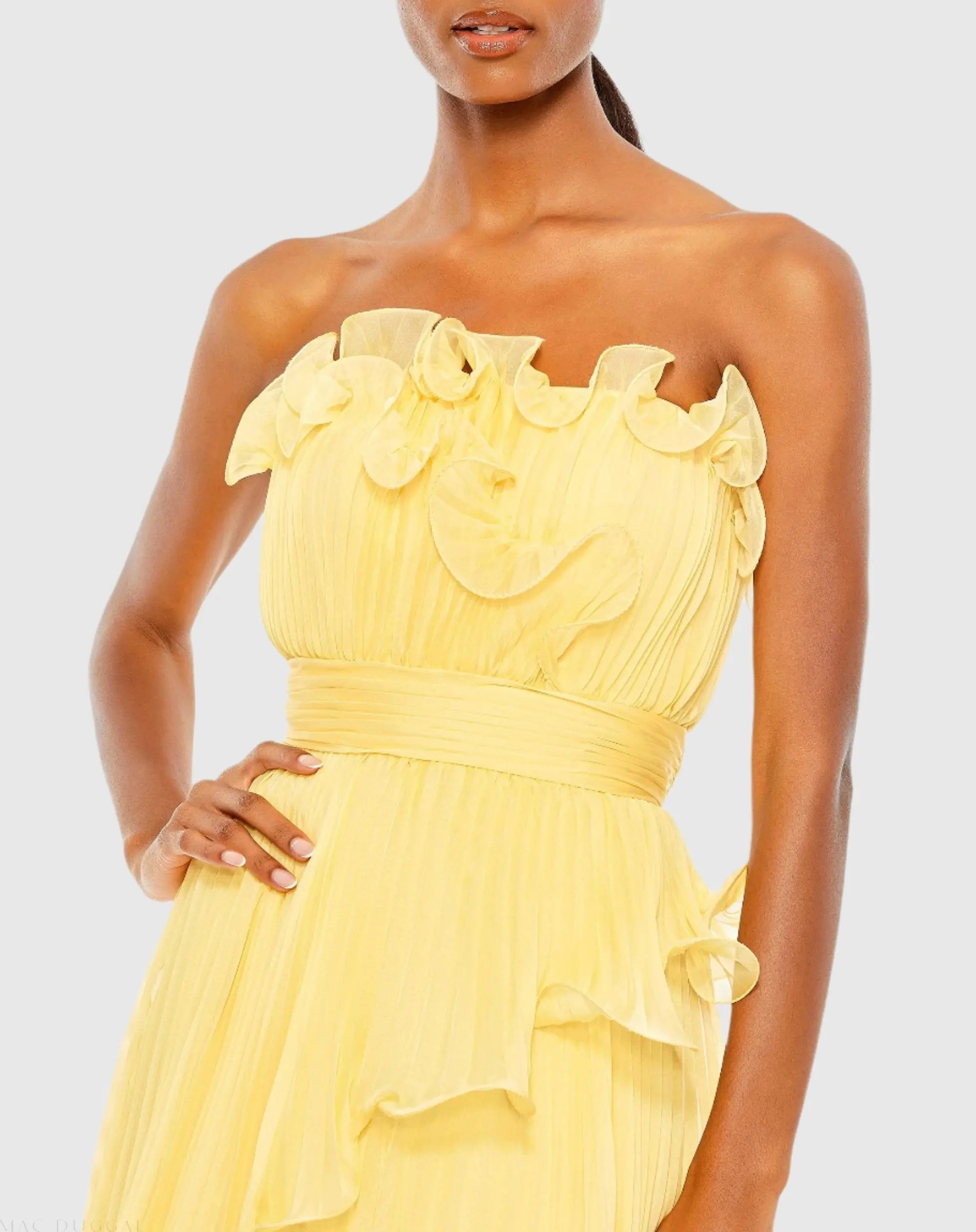 Yellow Pleated Tiered Ruffled Strapless Gown - Image 2