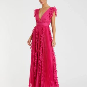 Pink Pleated Ruffle Cap Sleeve Flowy A Line Gown