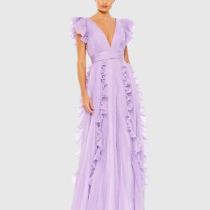 Purple Pleated Ruffle Cap Sleeve Flowy A Line Gown