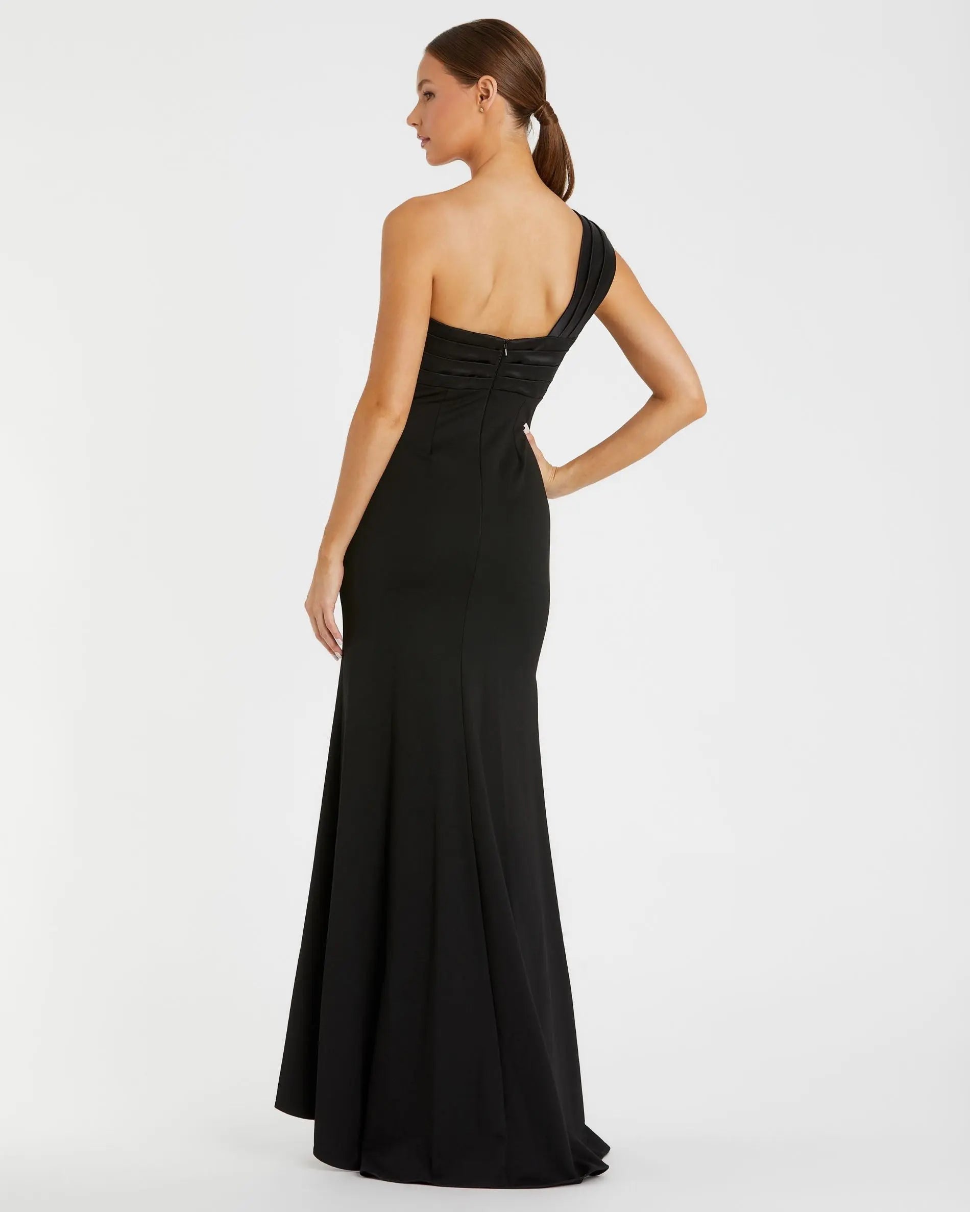 Black One Shoulder Draped Trumpet Gown - Image 3