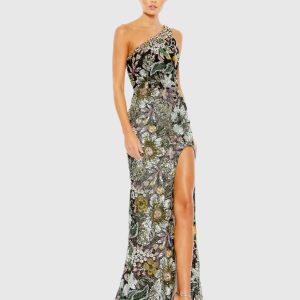 Black Floral Sequined Embroidered One Shoulder Trumpet Gown