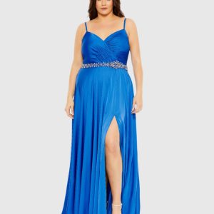 Blue Beaded Belt Faux Wrap A Line Gown (Plus) - FINAL SALE