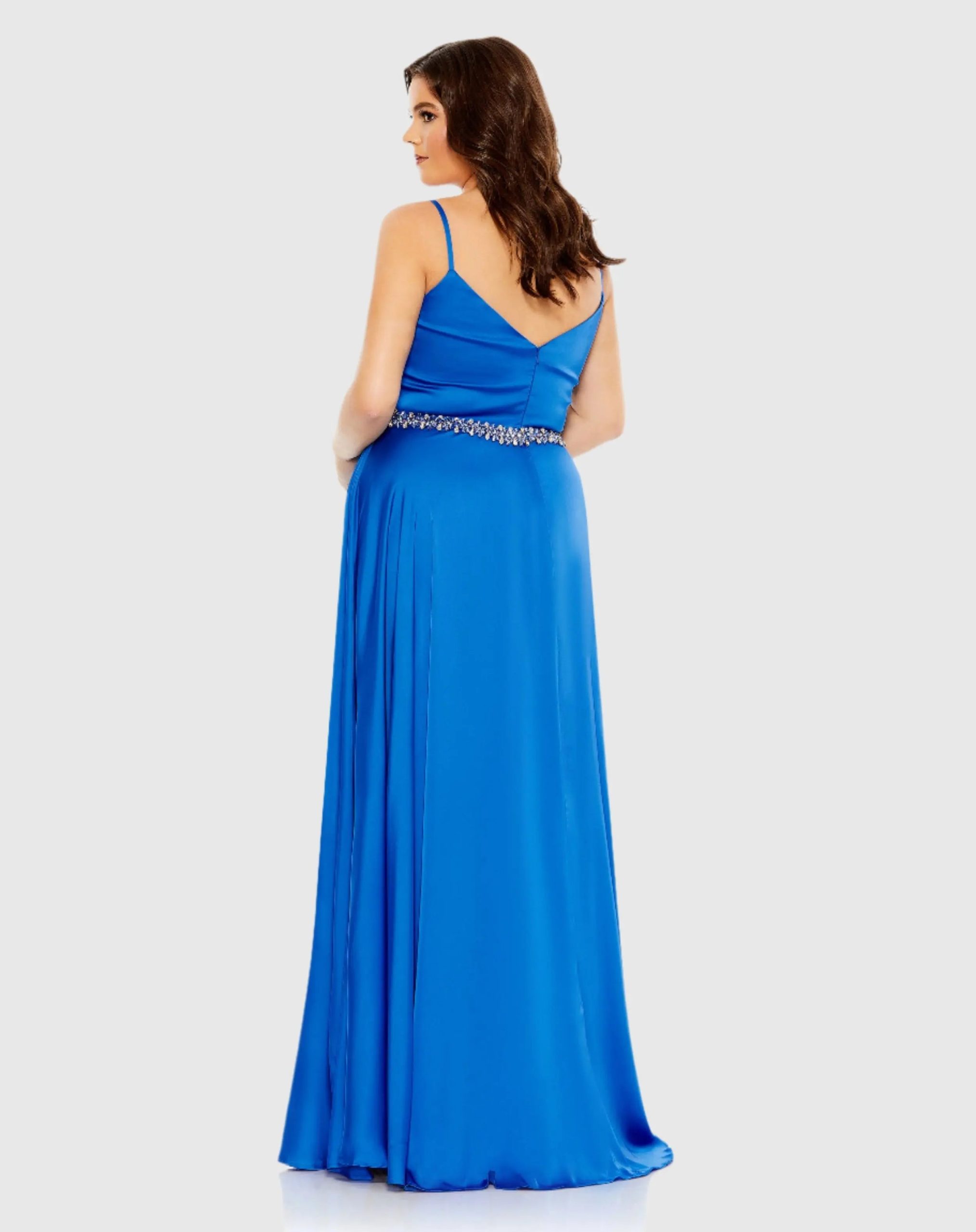 Blue Beaded Belt Faux Wrap A Line Gown (Plus) - FINAL SALE - Image 3