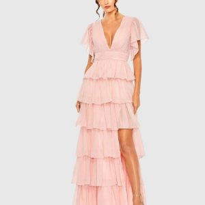 Pink Flutter Sleeve Ruffle Tiered Gown