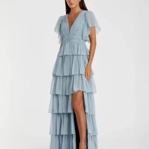 Blue Flutter Sleeve Ruffle Tiered Gown
