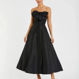 Black Strapless A-Line Tea Length Statement Bow Dress