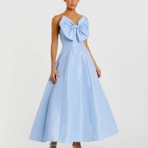 Blue Strapless A-Line Tea Length Statement Bow Dress