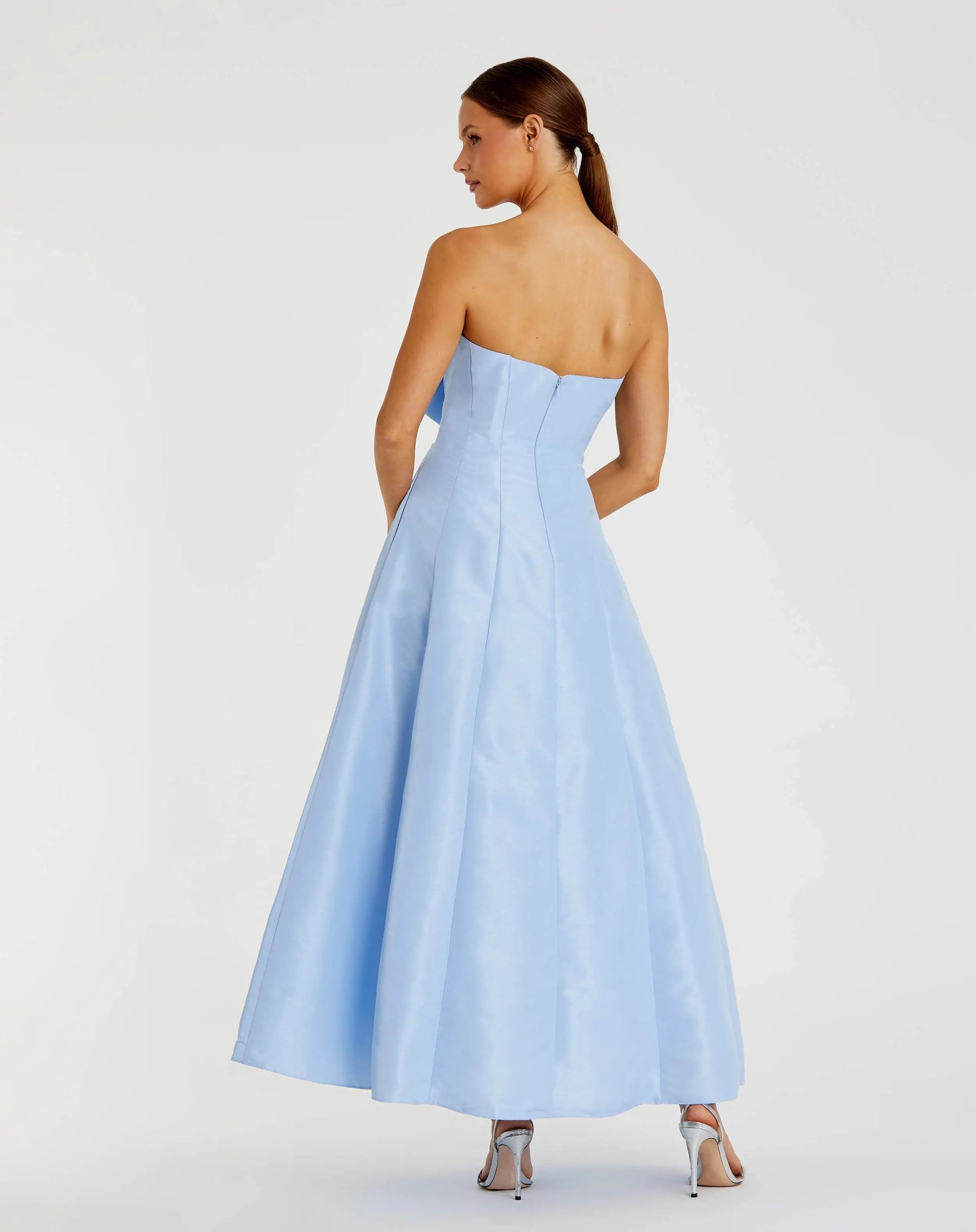 Blue Strapless A-Line Tea Length Statement Bow Dress - Image 3