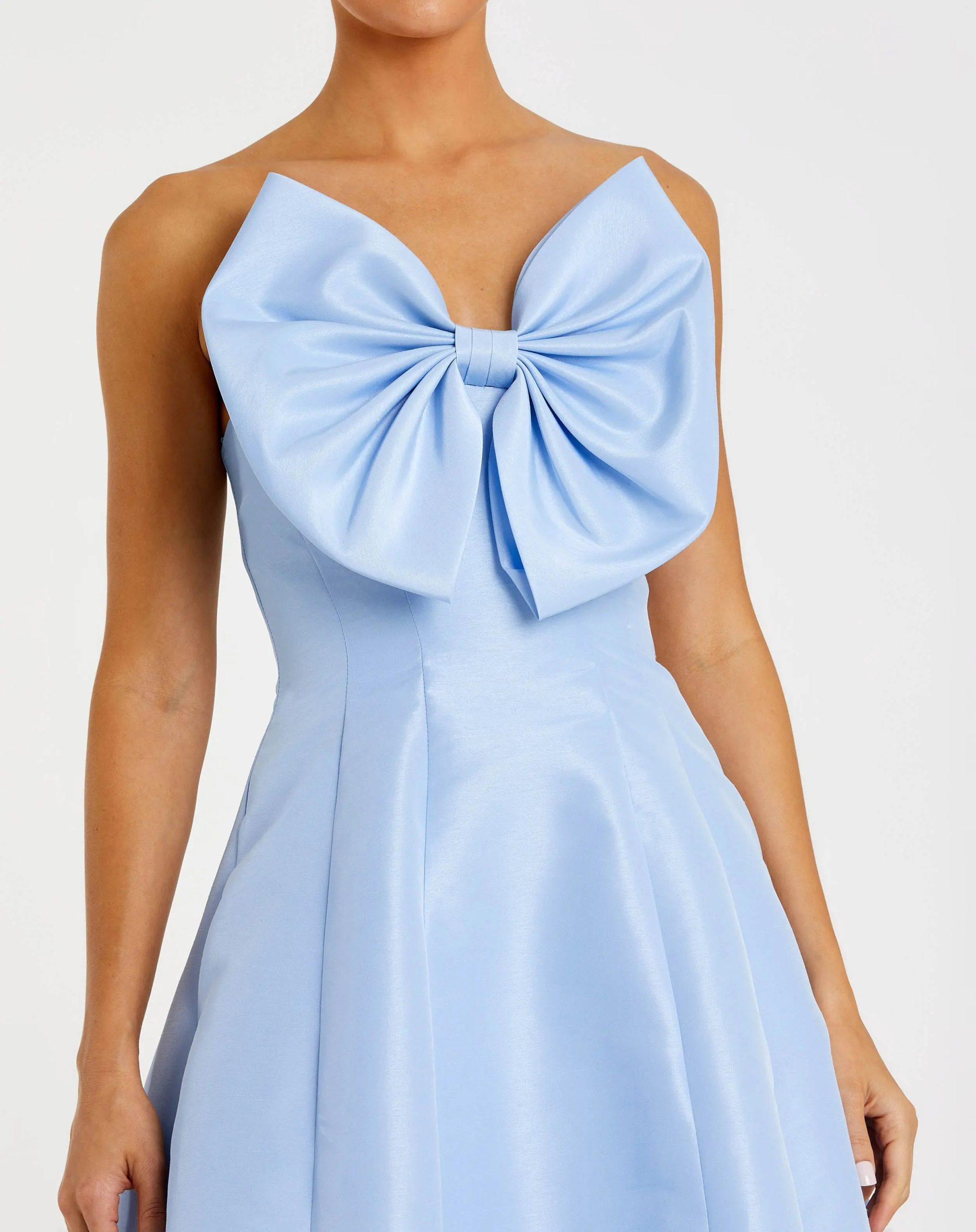 Blue Strapless A-Line Tea Length Statement Bow Dress - Image 2