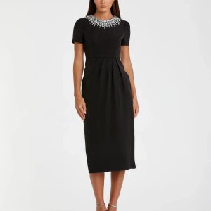 Black Short Sleeve Rhinestone Neckline Midi Dress