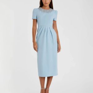 Blue Short Sleeve Rhinestone Neckline Midi Dress
