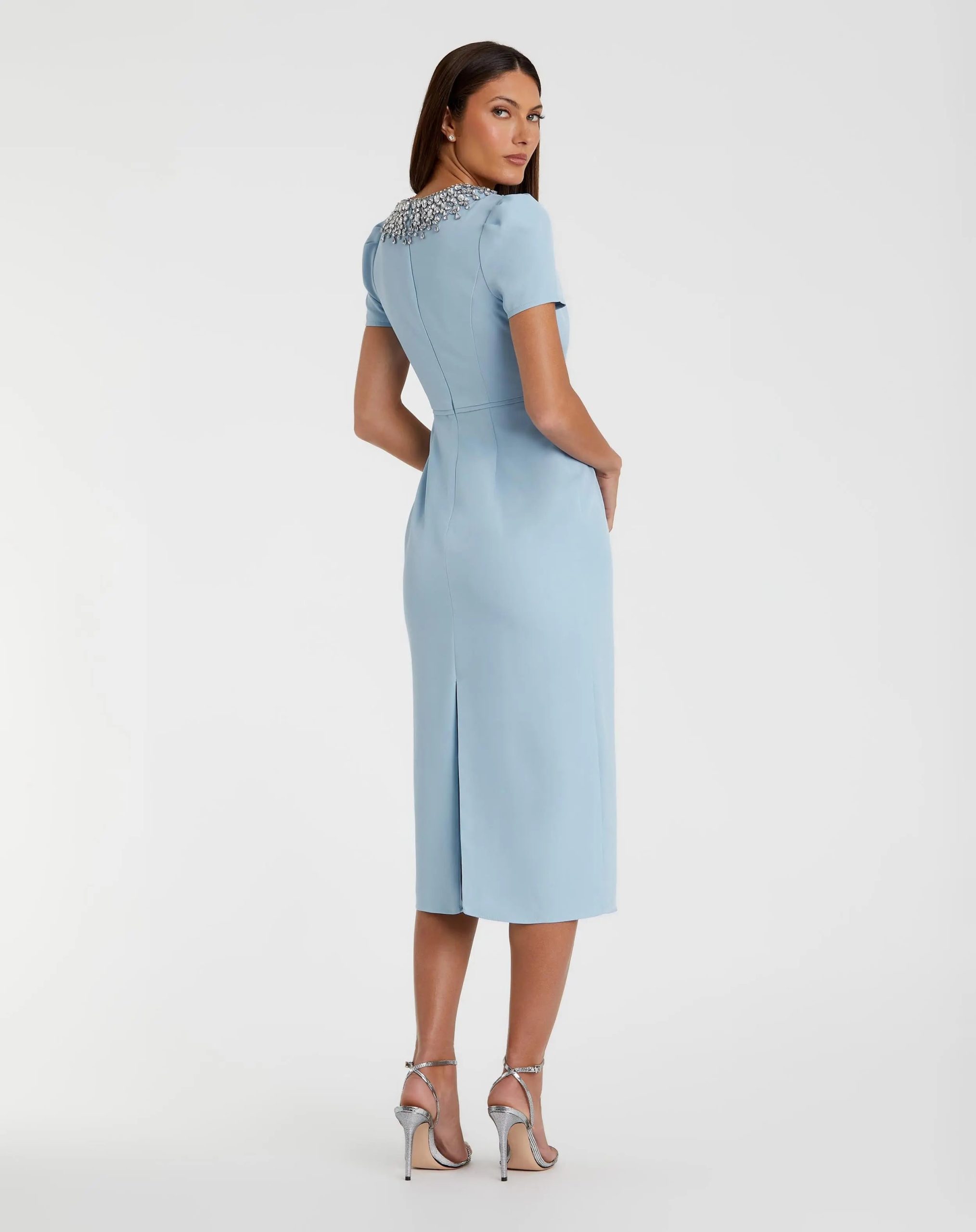 Blue Short Sleeve Rhinestone Neckline Midi Dress - Image 3