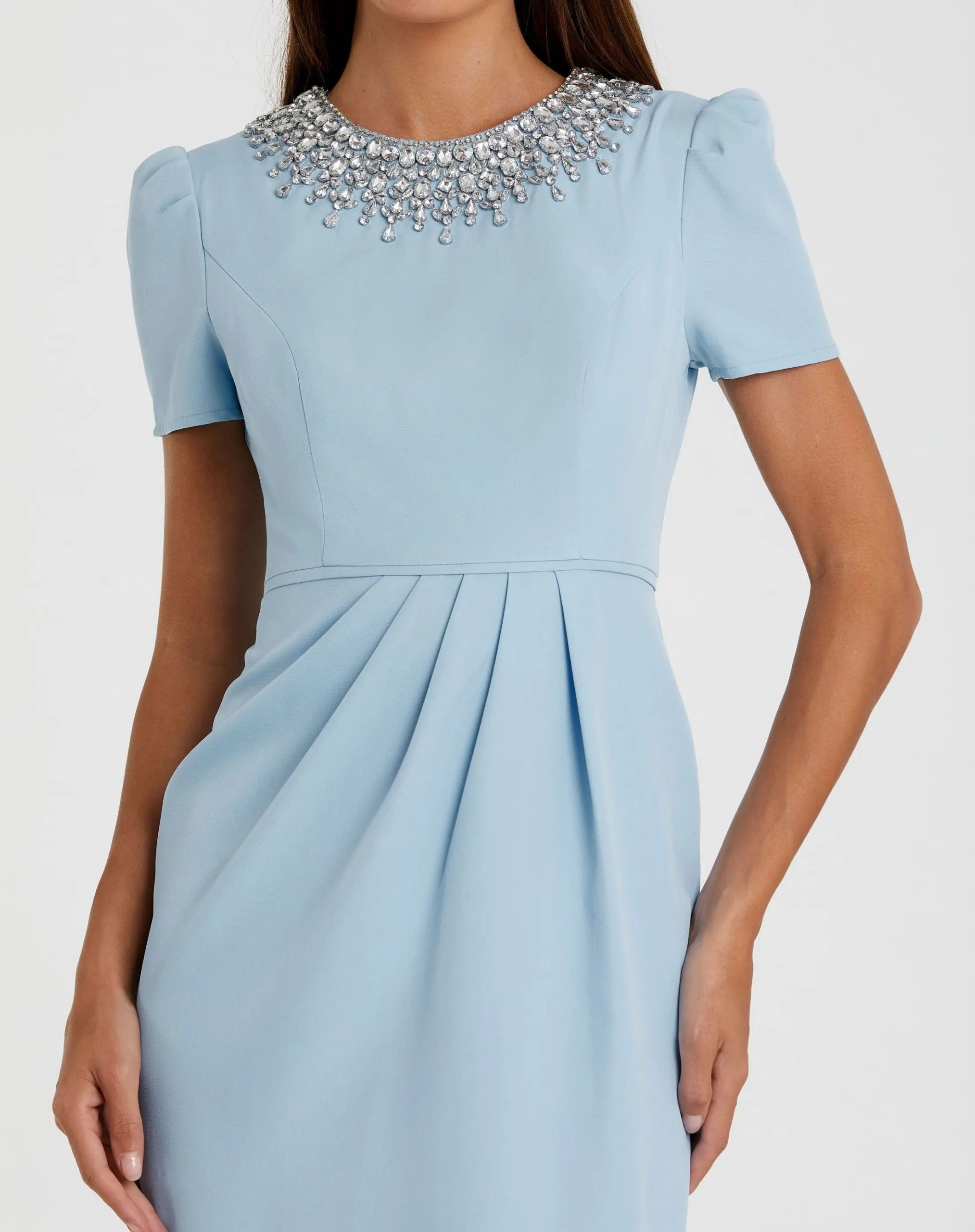Blue Short Sleeve Rhinestone Neckline Midi Dress - Image 2