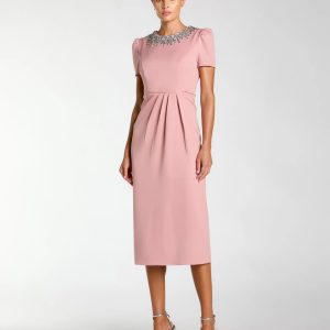 Pink Short Sleeve Rhinestone Neckline Sheath Dress